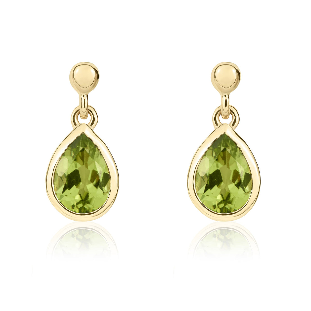 9ct Yellow Gold Pear Shaped Natural Peridot Rubover Drop Earrings with 2.5mm Bead Top — 6x4mm