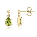9ct Yellow Gold Pear Shaped Natural Peridot Rubover Drop Earrings with 2.5mm Bead Top — 6x4mm