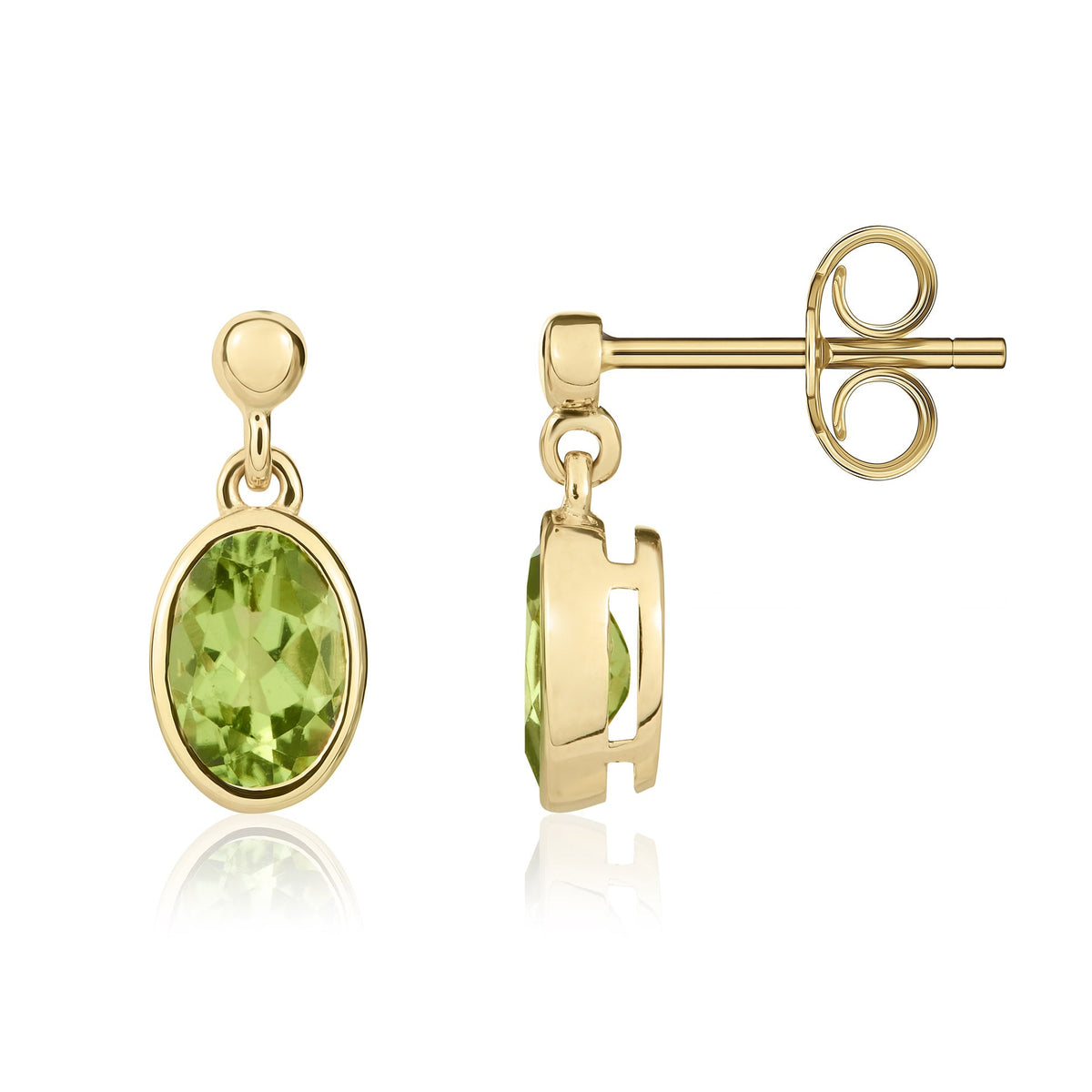 9ct Yellow Gold Oval Natural Peridot Rubover Drop Earrings — 7x5mm