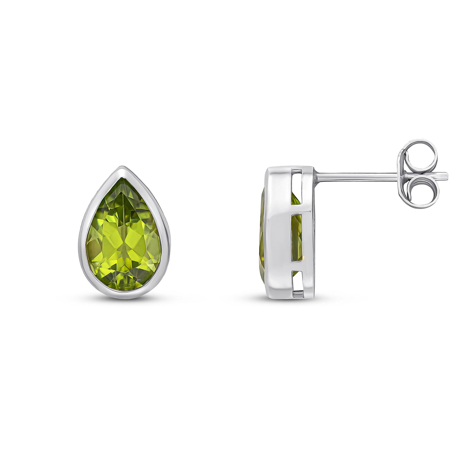 9ct White Gold Pear Shaped Natural Peridot Rubover Stud Earrings — 9x6mm
