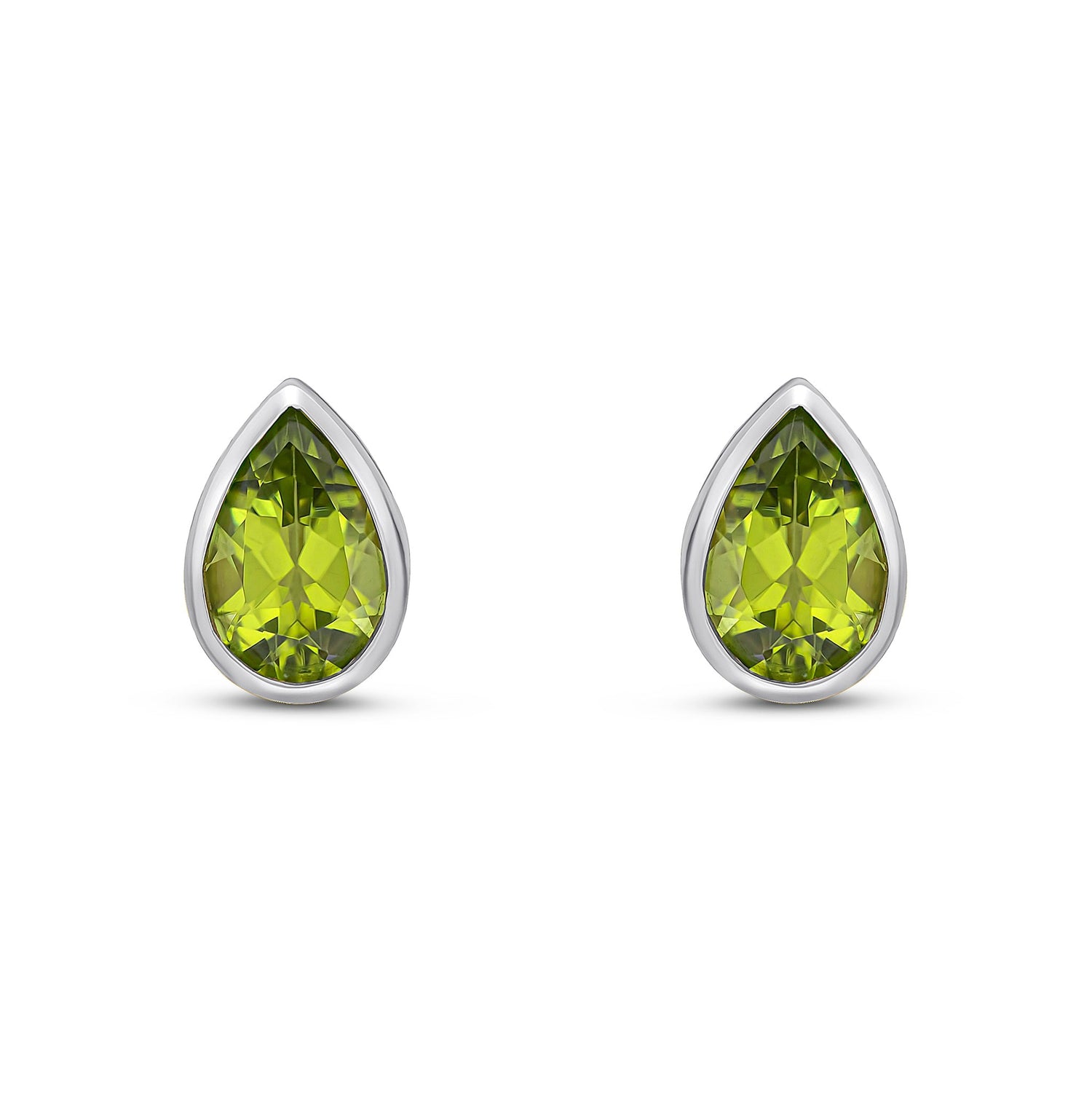 9ct White Gold Pear Shaped Natural Peridot Rubover Stud Earrings — 9x6mm