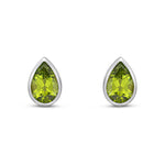 9ct White Gold Pear Shaped Natural Peridot Rubover Stud Earrings — 9x6mm