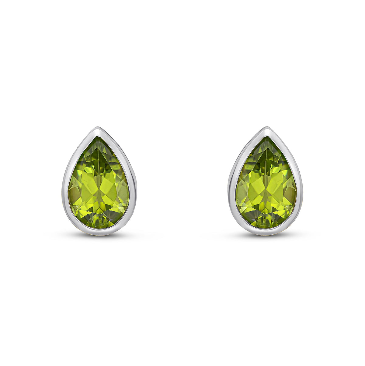 9ct White Gold Pear Shaped Natural Peridot Rubover Stud Earrings — 9x6mm