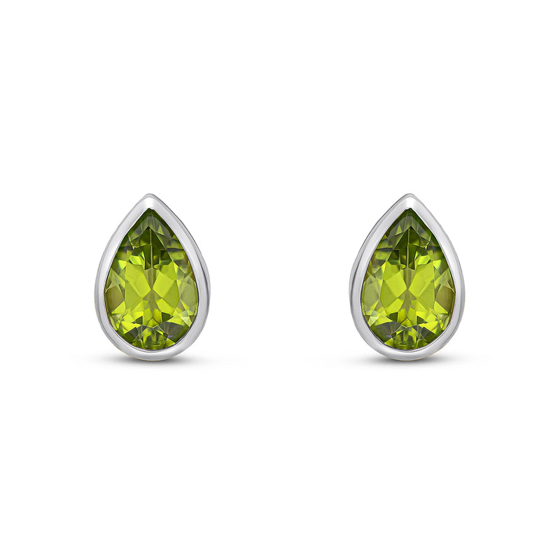 9ct White Gold Pear Shaped Natural Peridot Rubover Stud Earrings — 9x6mm