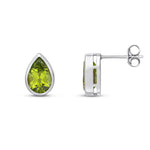9ct White Gold Pear Shaped Natural Peridot Rubover Stud Earrings — 9x6mm