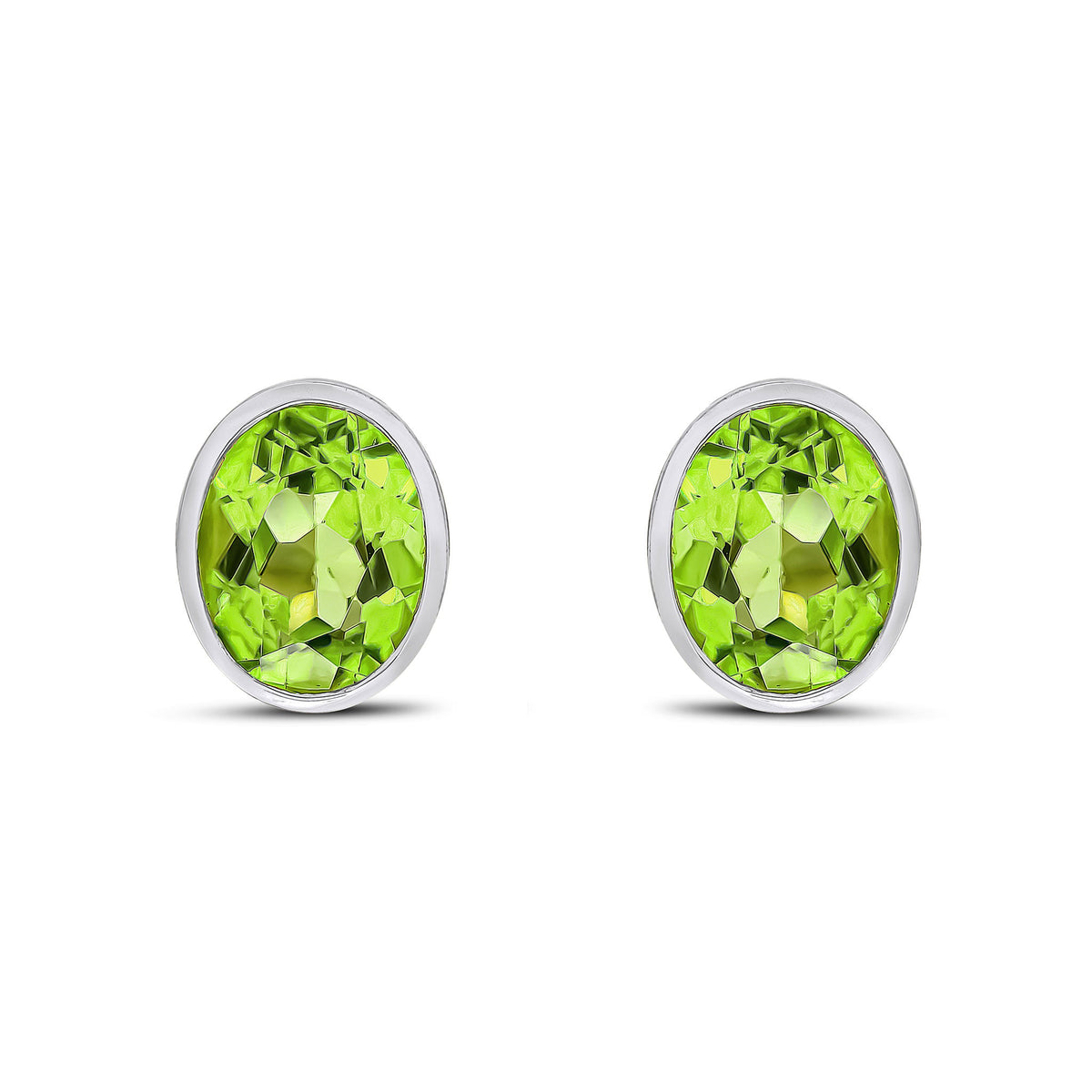 9ct White Gold Oval Natural Peridot Rubover Stud Earrings — 9x7mm