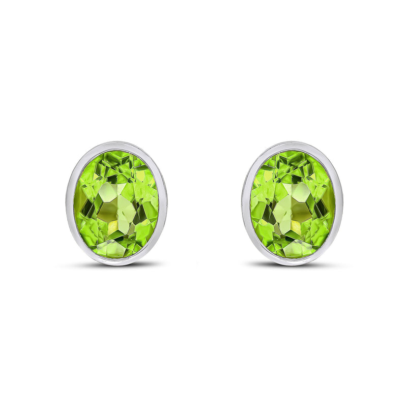 9ct White Gold Oval Natural Peridot Rubover Stud Earrings — 9x7mm