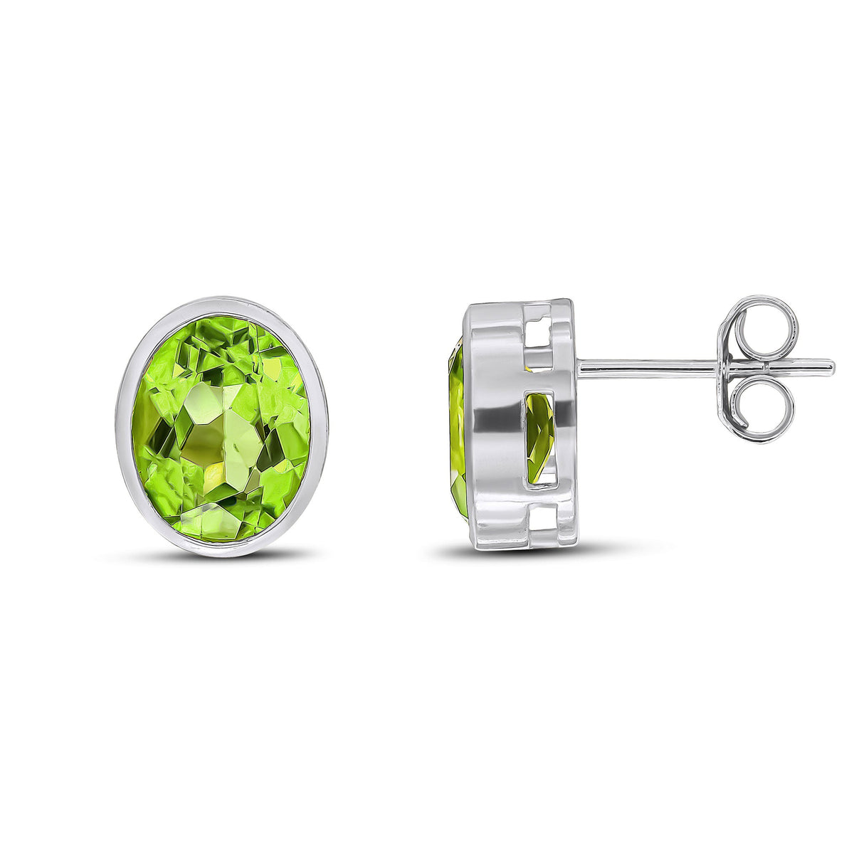 9ct White Gold Oval Natural Peridot Rubover Stud Earrings — 9x7mm