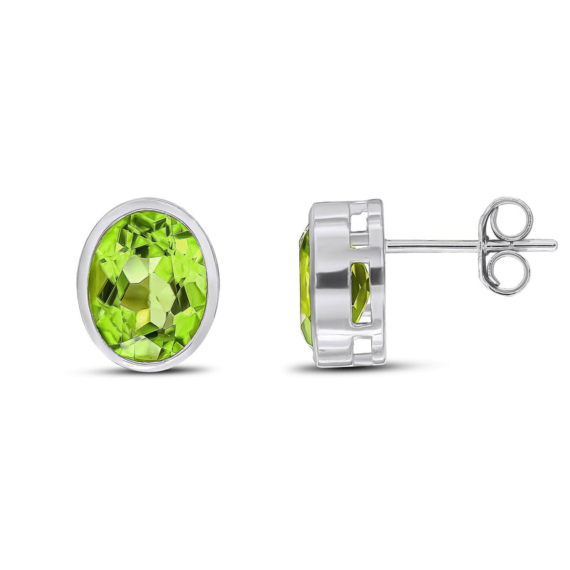 9ct White Gold Oval Natural Peridot Rubover Stud Earrings — 9x7mm