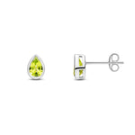 9ct White Gold Pear Shaped Natural Peridot Rubover Stud Earrings — 6x4mm