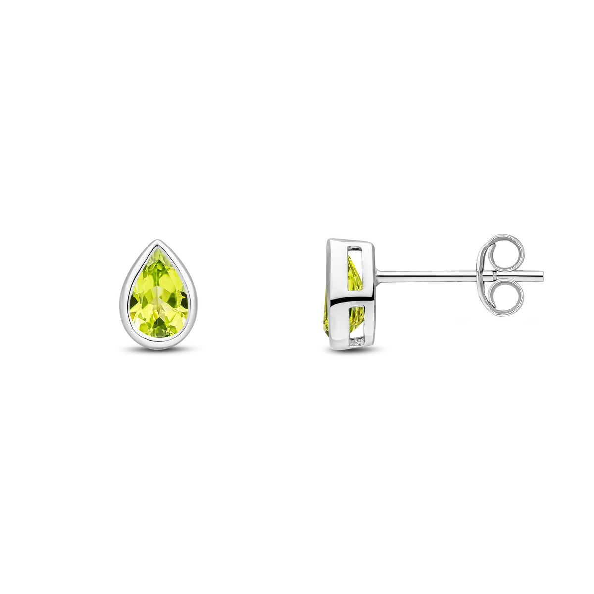 9ct White Gold Pear Shaped Natural Peridot Rubover Stud Earrings — 6x4mm