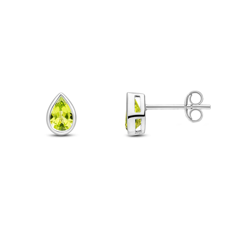 9ct White Gold Pear Shaped Natural Peridot Rubover Stud Earrings — 6x4mm
