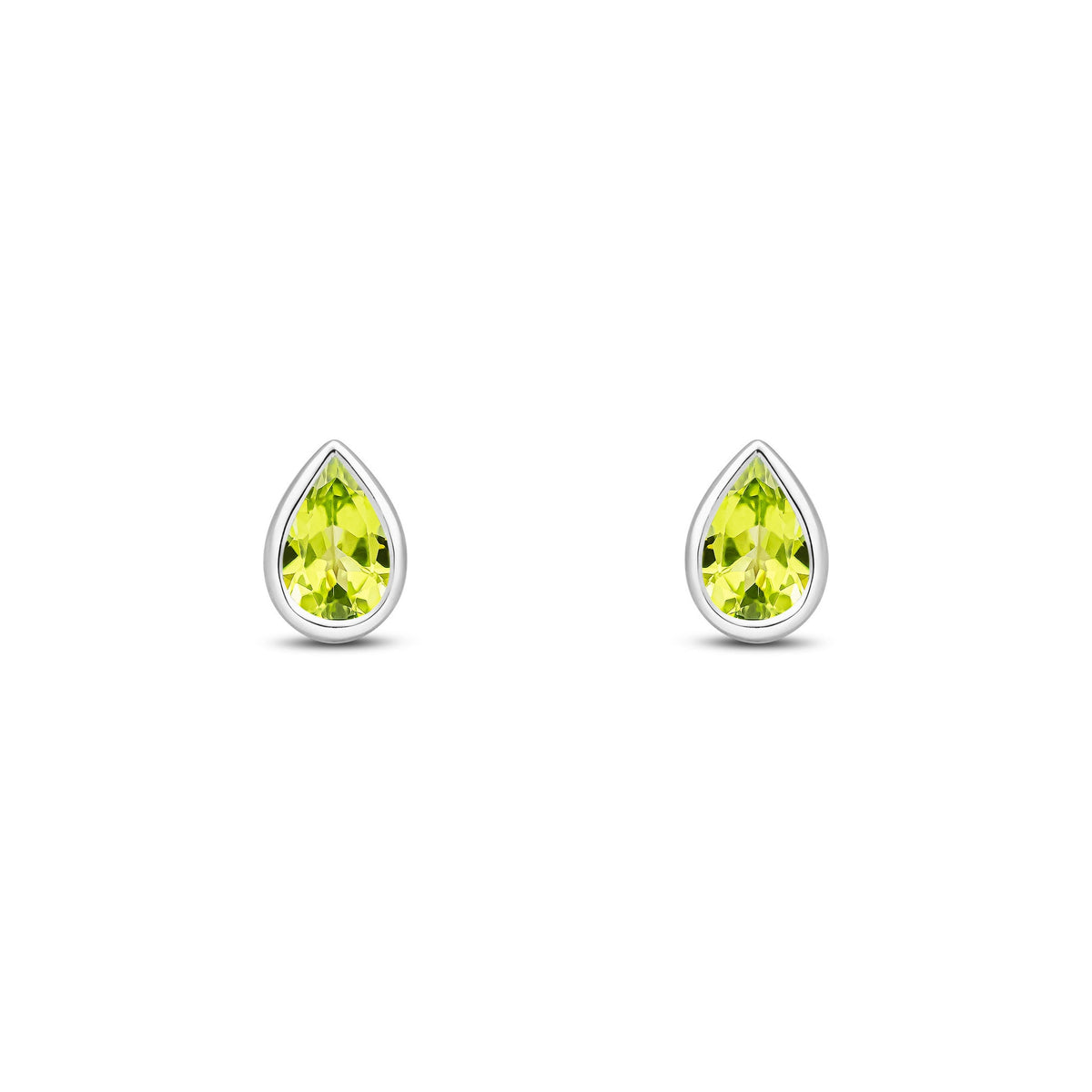 9ct White Gold Pear Shaped Natural Peridot Rubover Stud Earrings — 6x4mm