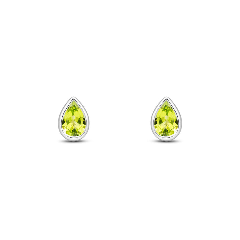 9ct White Gold Pear Shaped Natural Peridot Rubover Stud Earrings — 6x4mm