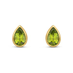 9ct Yellow Gold Pear Shaped Natural Peridot Rubover Stud Earrings — 9x6mm