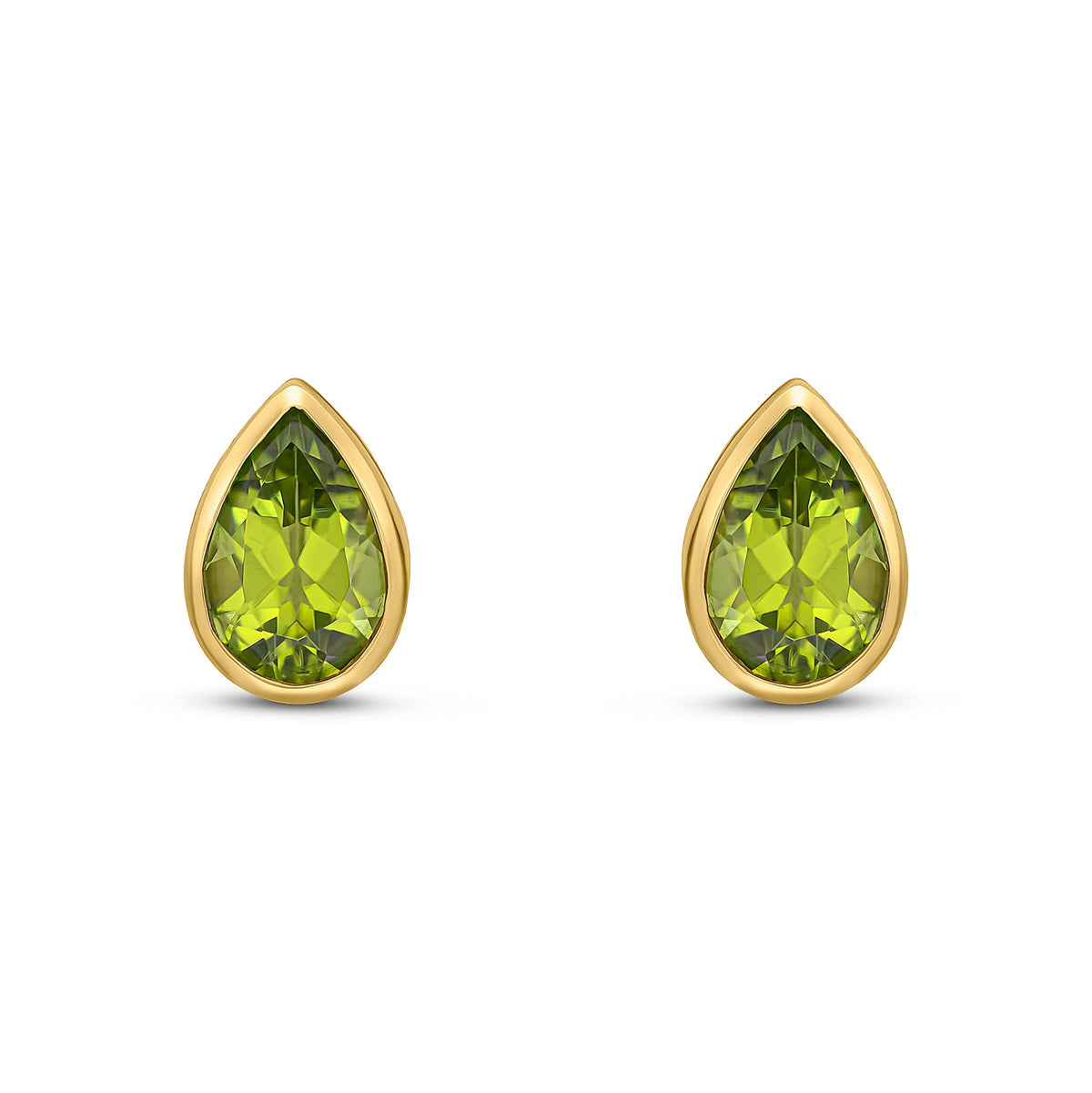 9ct Yellow Gold Pear Shaped Natural Peridot Rubover Stud Earrings — 9x6mm