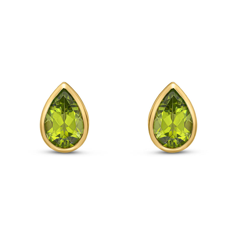 9ct Yellow Gold Pear Shaped Natural Peridot Rubover Stud Earrings — 9x6mm