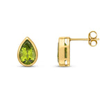 9ct Yellow Gold Pear Shaped Natural Peridot Rubover Stud Earrings — 9x6mm