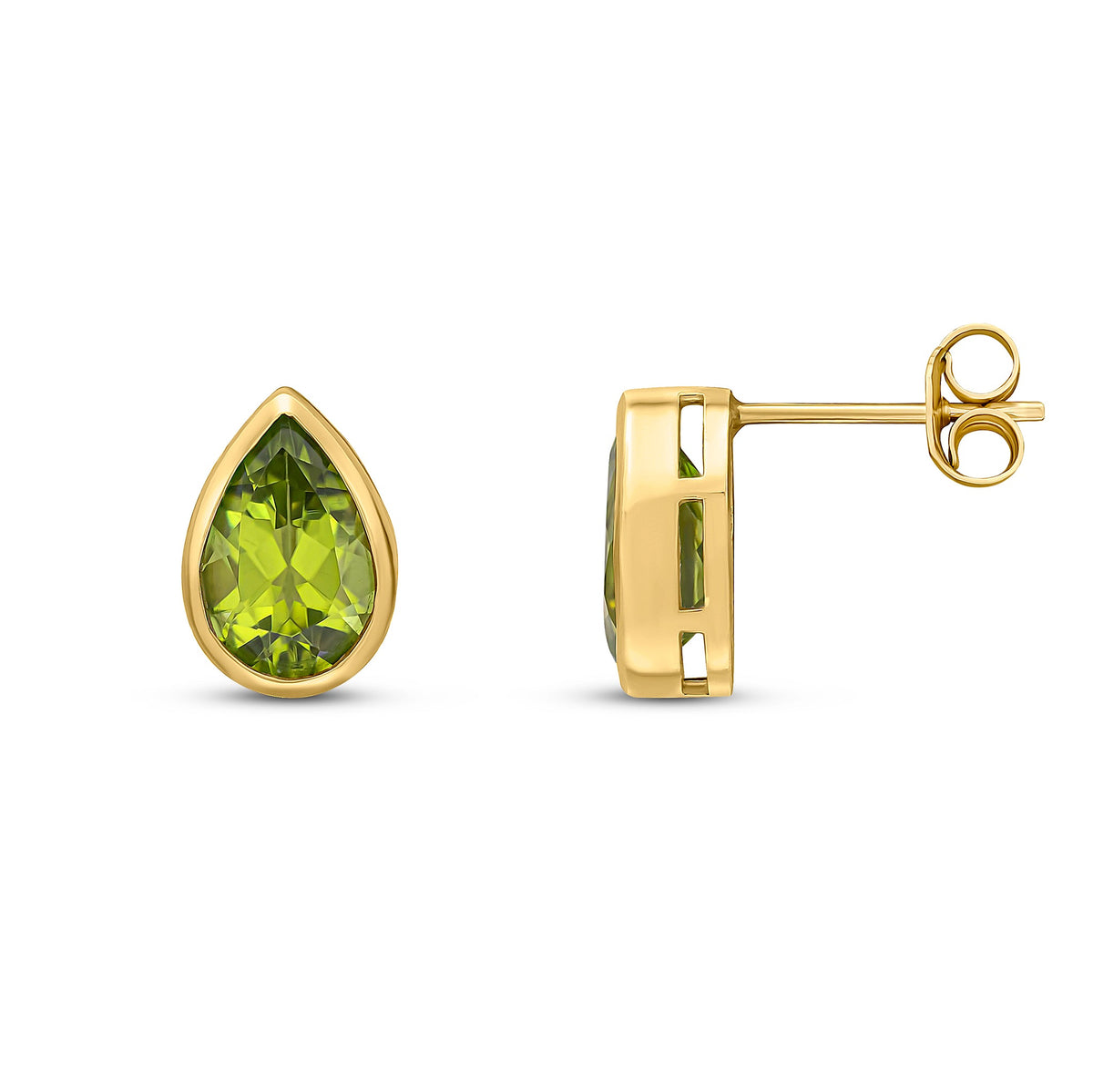 9ct Yellow Gold Pear Shaped Natural Peridot Rubover Stud Earrings — 9x6mm