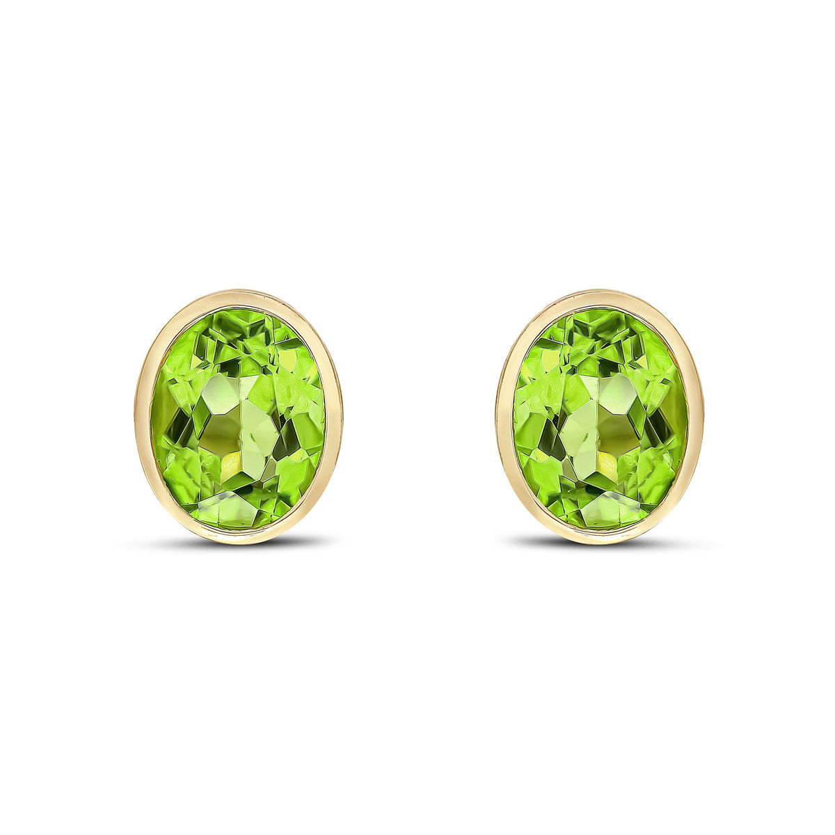 9ct Yellow Gold Oval Natural Peridot Rubover Stud Earrings — 9x7mm