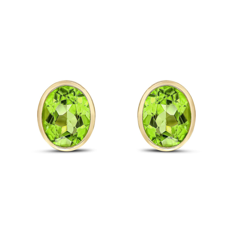 9ct Yellow Gold Oval Natural Peridot Rubover Stud Earrings — 9x7mm