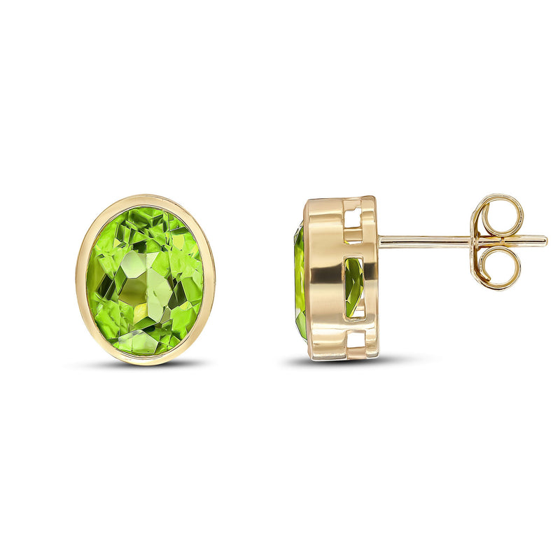 9ct Yellow Gold Oval Natural Peridot Rubover Stud Earrings — 9x7mm