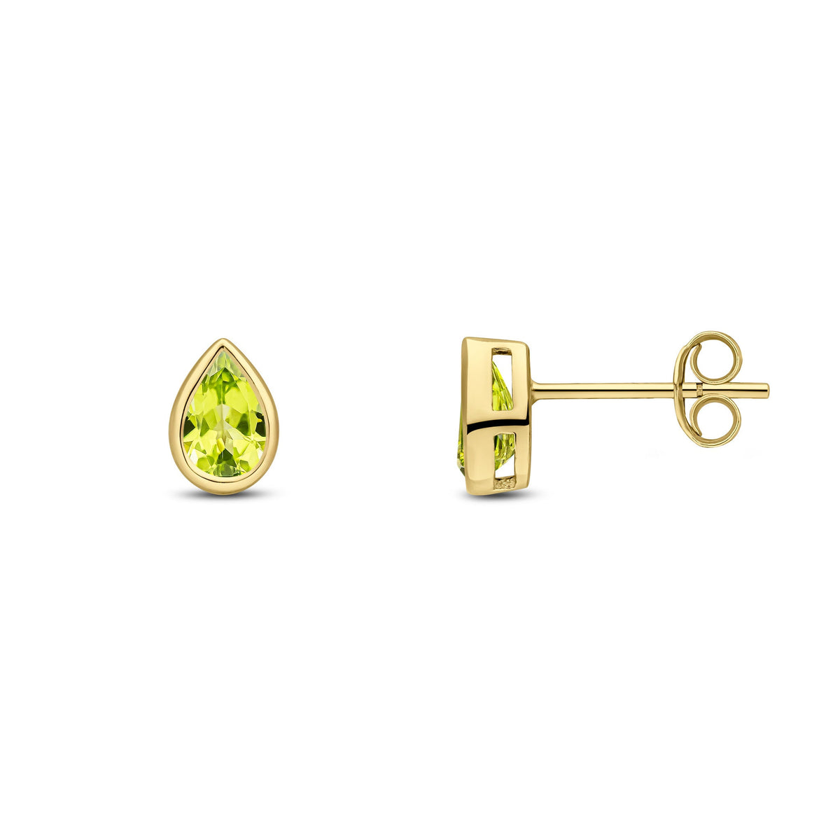 9ct Yellow Gold Pear Shaped Natural Peridot Rubover Stud Earrings — 6x4mm