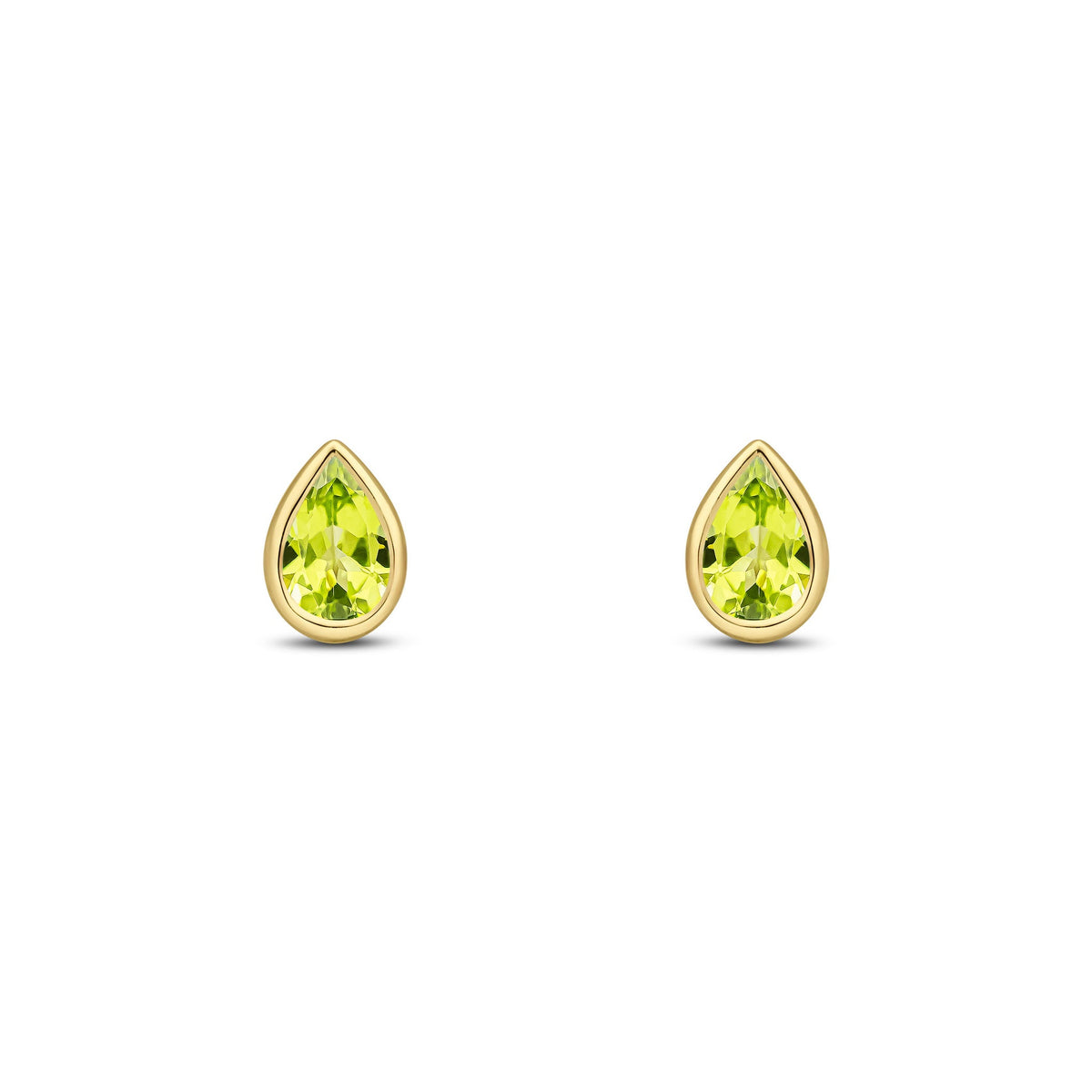 9ct Yellow Gold Pear Shaped Natural Peridot Rubover Stud Earrings — 6x4mm