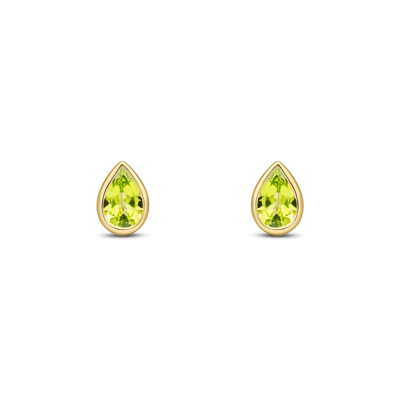 9ct Yellow Gold Pear Shaped Natural Peridot Rubover Stud Earrings — 6x4mm