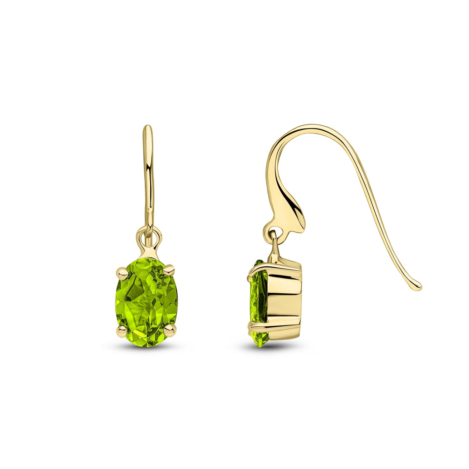 9ct Yellow Gold Oval Natural Peridot Hook Drop Earrings — 7x5mm