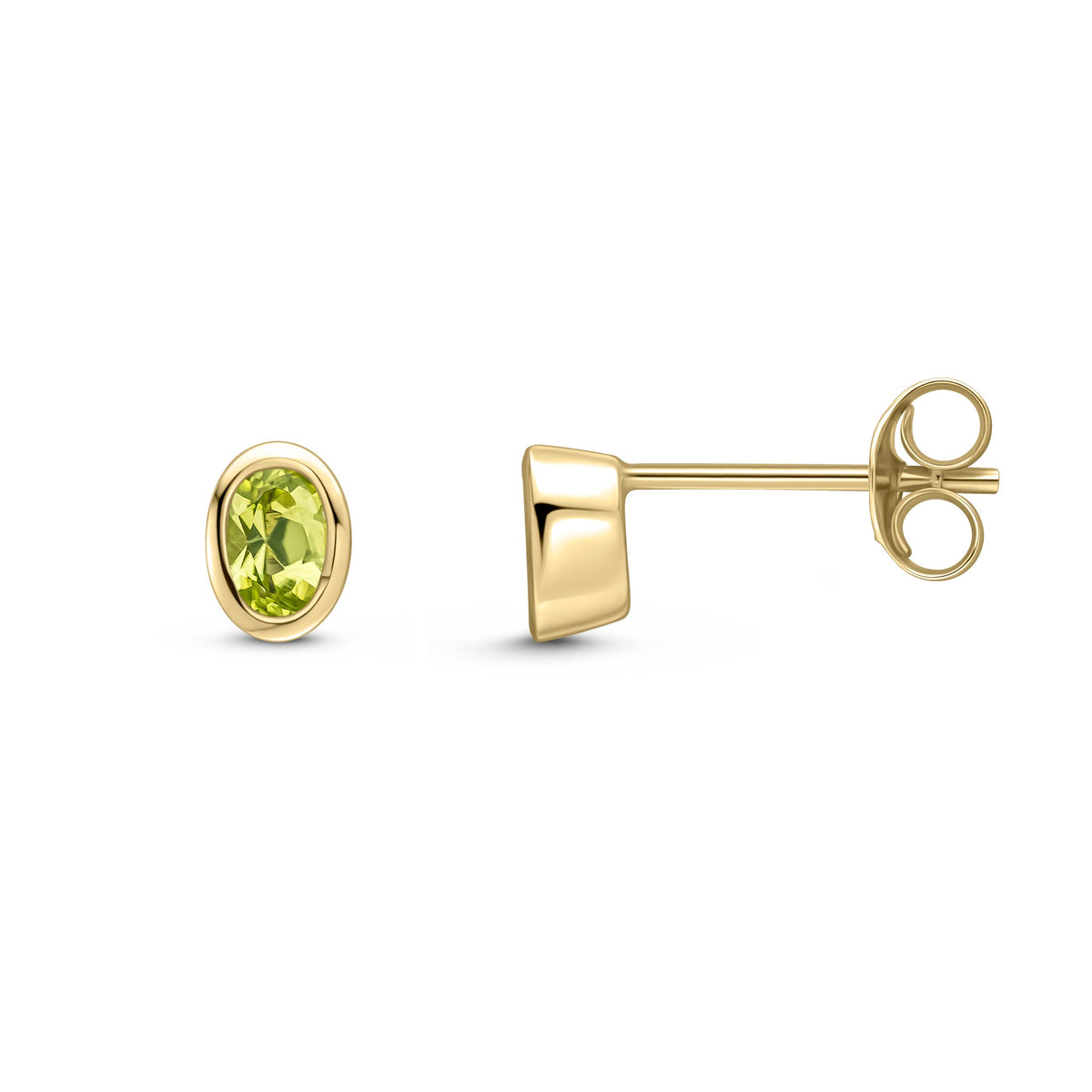 9ct Yellow Gold Oval Natural Peridot Rubover Stud Earrings — 4x3mm