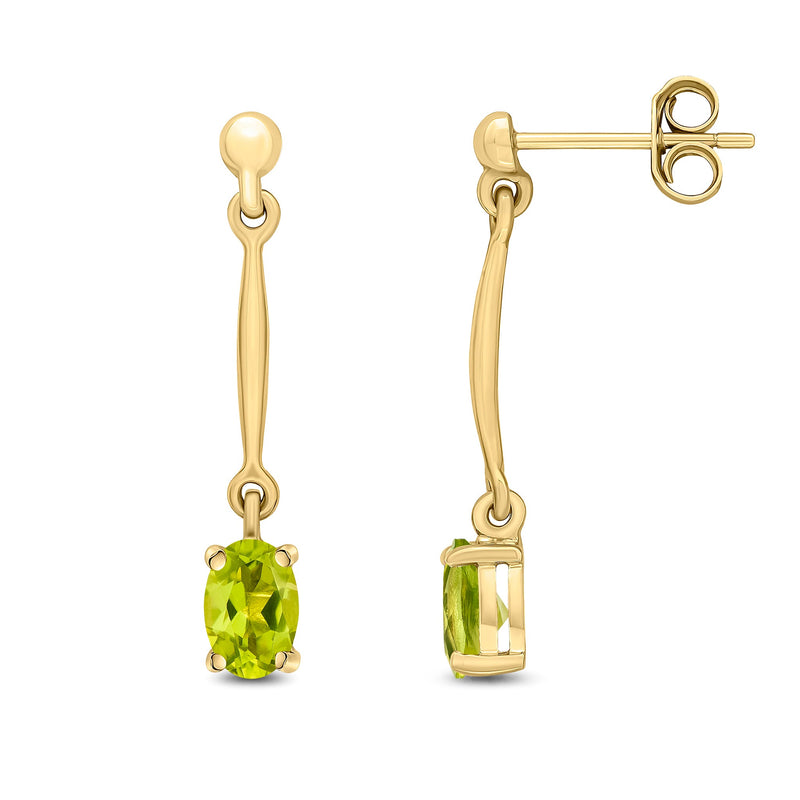9ct Yellow Gold Oval Natural Peridot Claw Bar Drop Earrings — 6x4mm