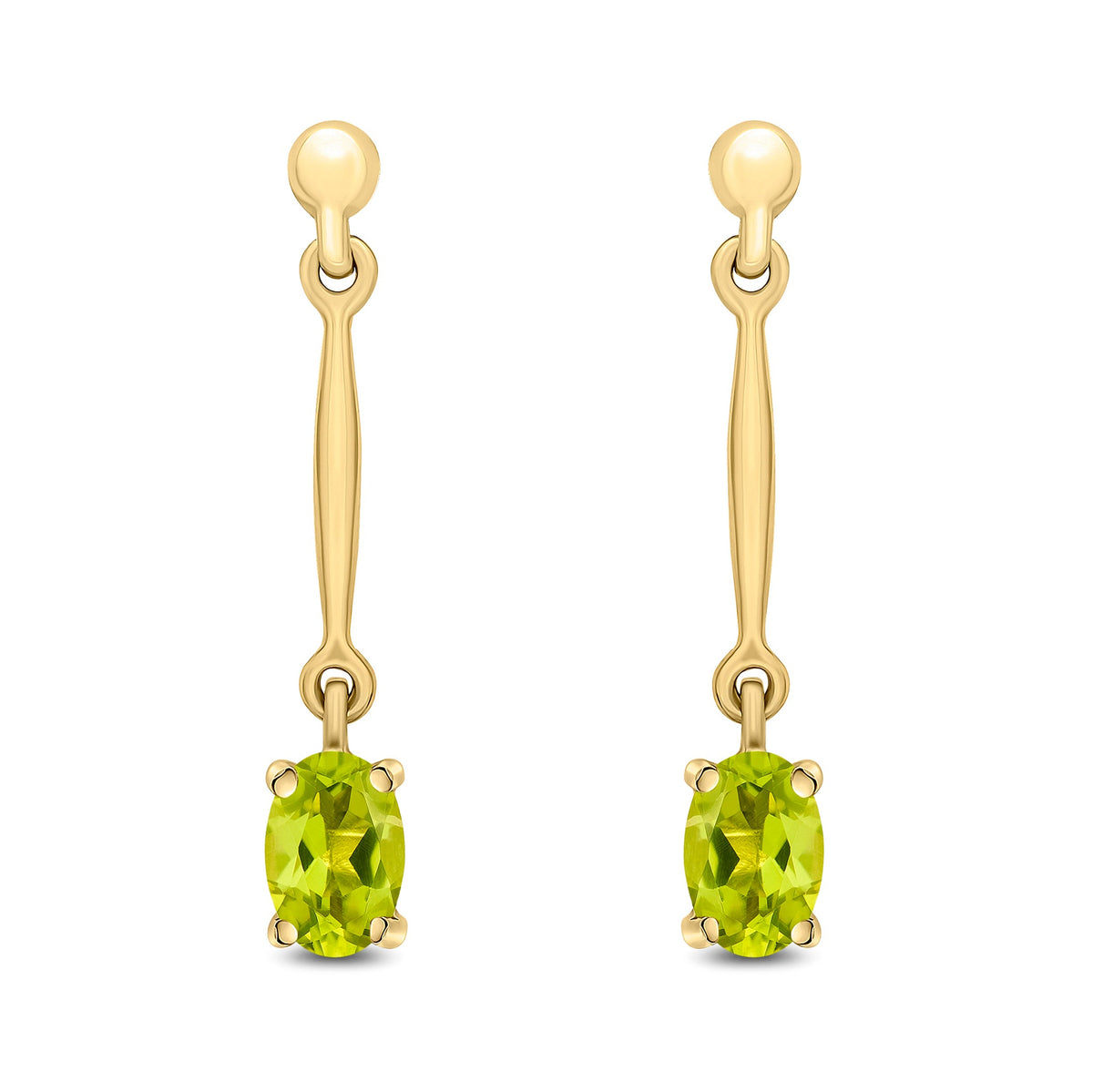 9ct Yellow Gold Oval Natural Peridot Claw Bar Drop Earrings — 6x4mm