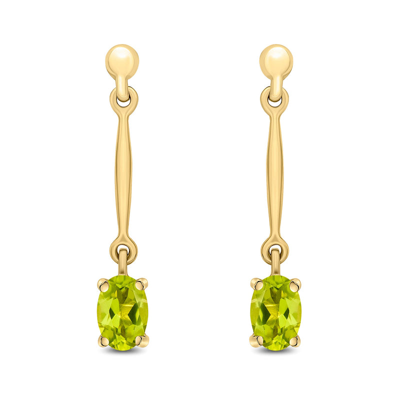 9ct Yellow Gold Oval Natural Peridot Claw Bar Drop Earrings — 6x4mm