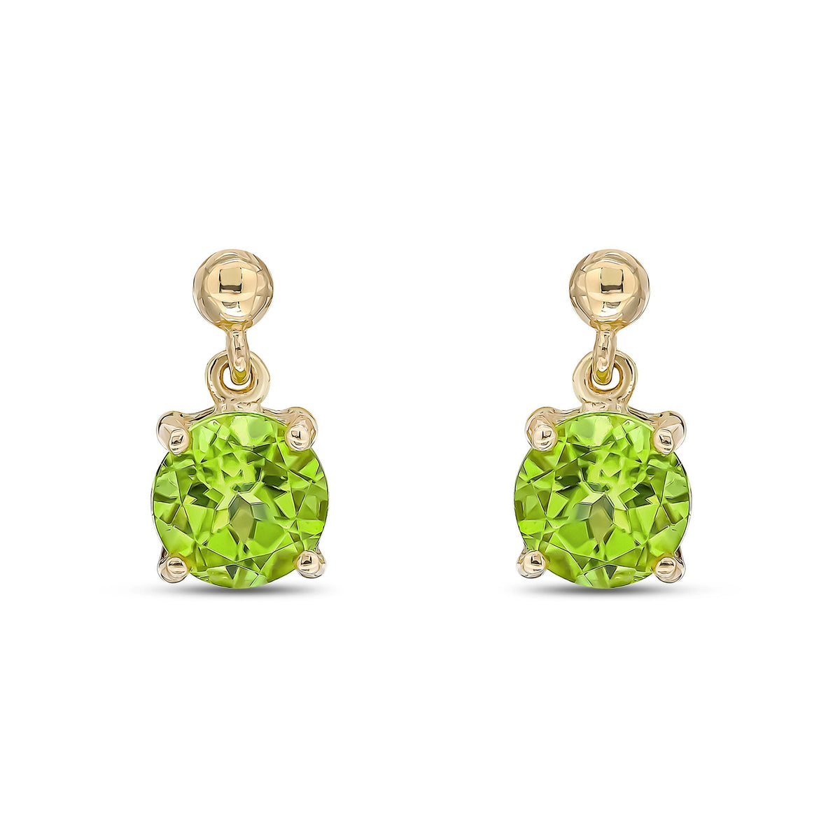 9ct Yellow Gold Round Natural Peridot Claw Drop Earrings with Bead Top — 6mm