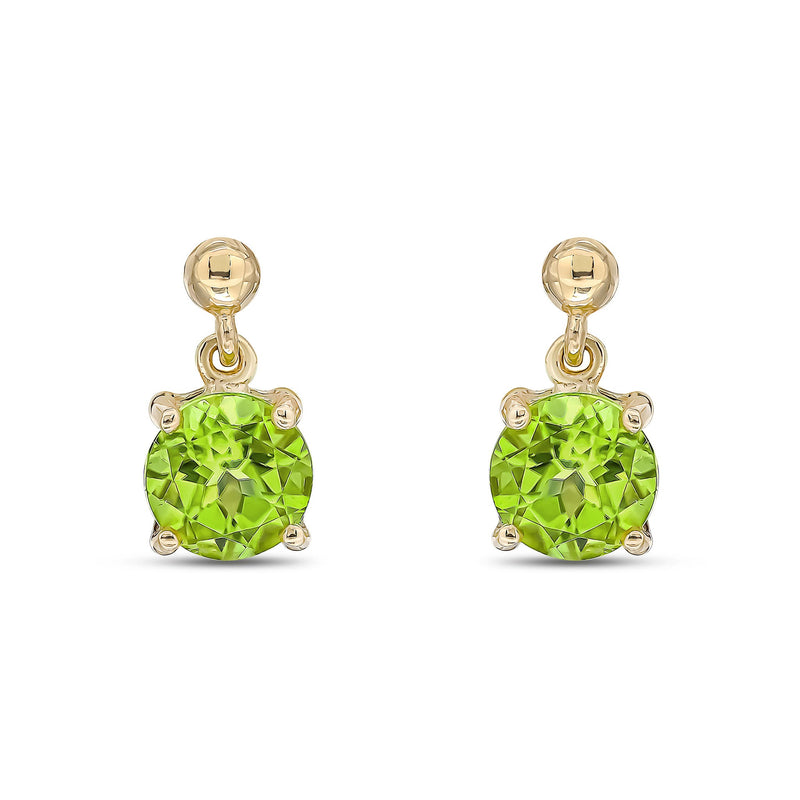 9ct Yellow Gold Round Natural Peridot Claw Drop Earrings with Bead Top — 6mm