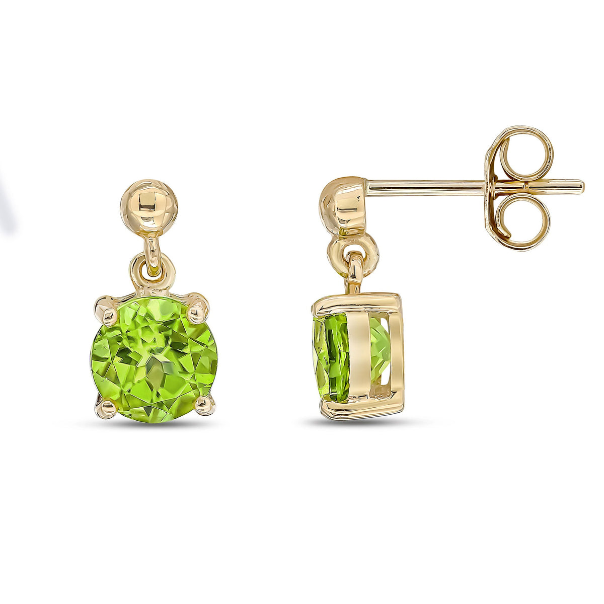 9ct Yellow Gold Round Natural Peridot Claw Drop Earrings with Bead Top — 6mm