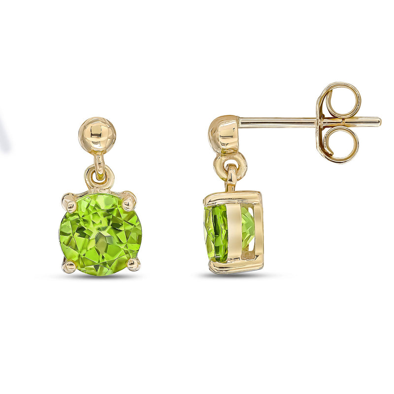 9ct Yellow Gold Round Natural Peridot Claw Drop Earrings with Bead Top — 6mm
