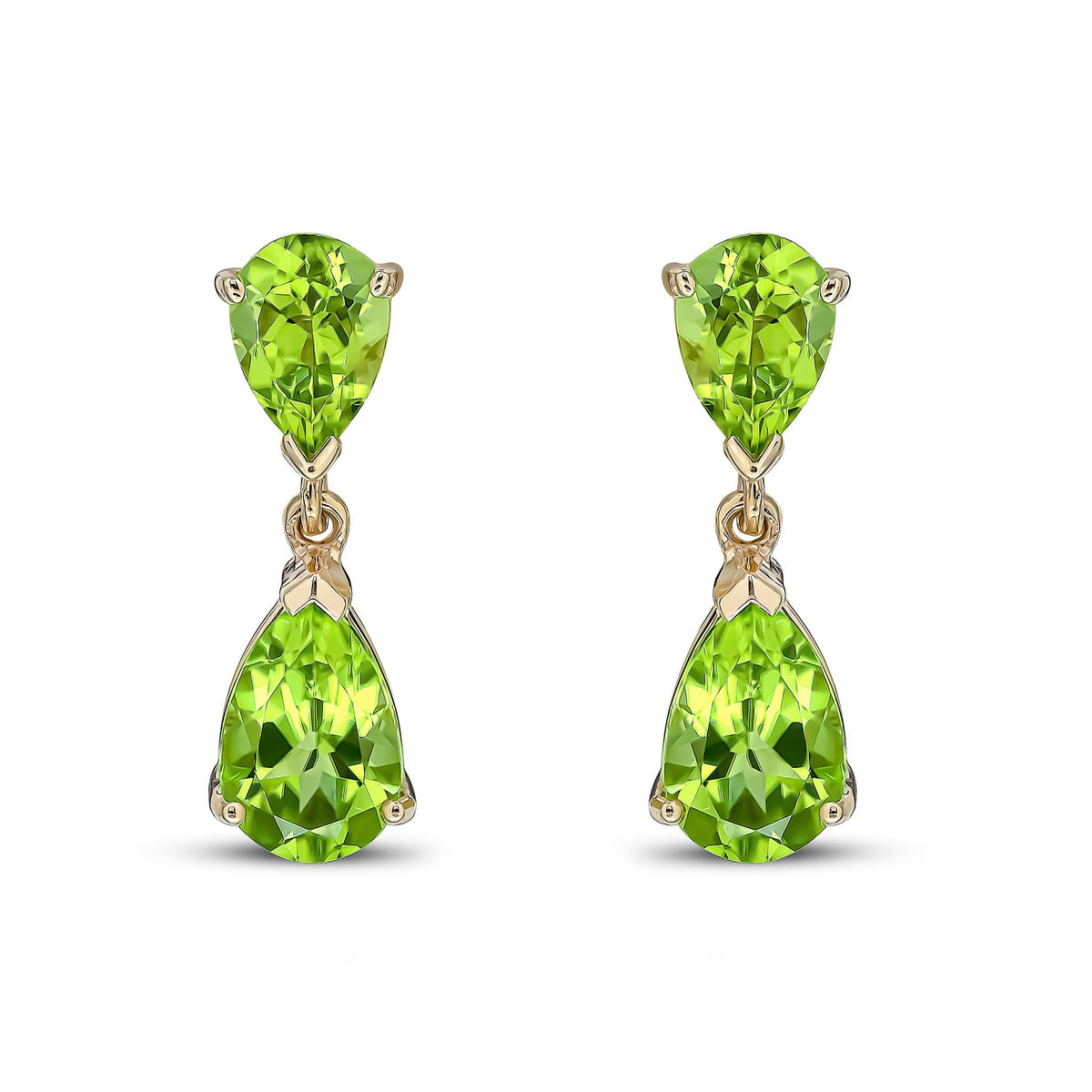 9ct Yellow Gold Pear Shaped Natural Peridot Two Stone Claw Drop Earrings — 9x6mm