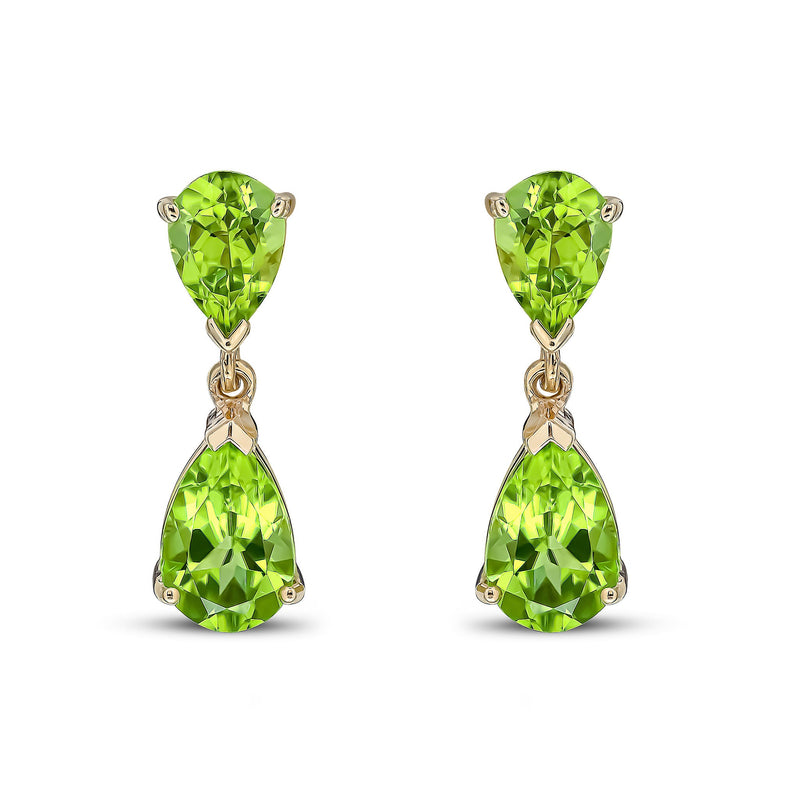 9ct Yellow Gold Pear Shaped Natural Peridot Two Stone Claw Drop Earrings — 9x6mm