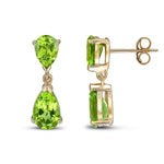 9ct Yellow Gold Pear Shaped Natural Peridot Two Stone Claw Drop Earrings — 9x6mm