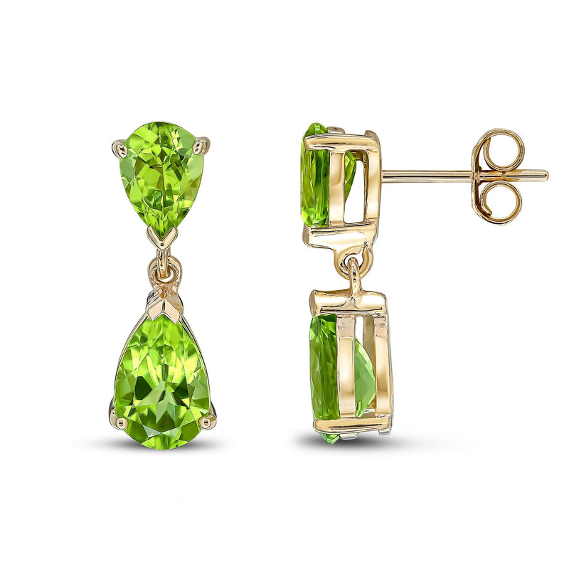 9ct Yellow Gold Pear Shaped Natural Peridot Two Stone Claw Drop Earrings — 9x6mm
