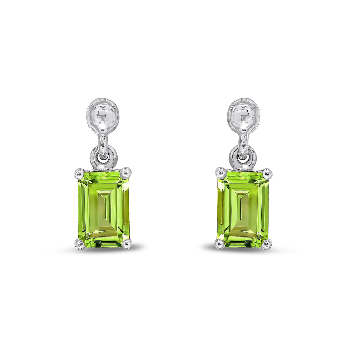 9ct White Gold Octagonal Emerald Cut Natural Peridot Claw Drop Earrings — 6x4mm