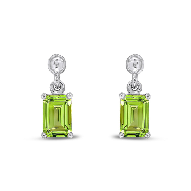 9ct White Gold Octagonal Emerald Cut Natural Peridot Claw Drop Earrings — 6x4mm