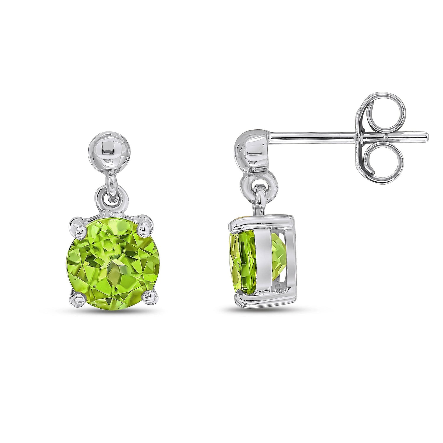 9ct White Gold Round Natural Peridot Claw Drop Earrings — 6mm