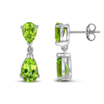 9ct White Gold Pear Shaped Natural Peridot Two Stone Claw Drop Earrings — 9x6mm