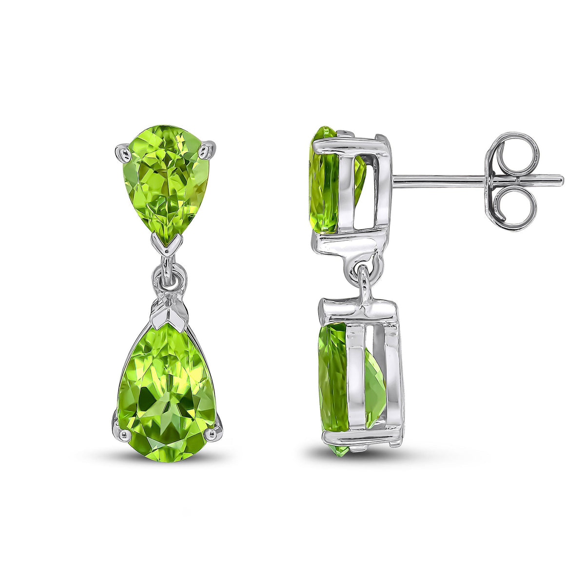 9ct White Gold Pear Shaped Natural Peridot Two Stone Claw Drop Earrings — 9x6mm