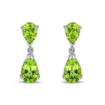 9ct White Gold Pear Shaped Natural Peridot Two Stone Claw Drop Earrings — 9x6mm
