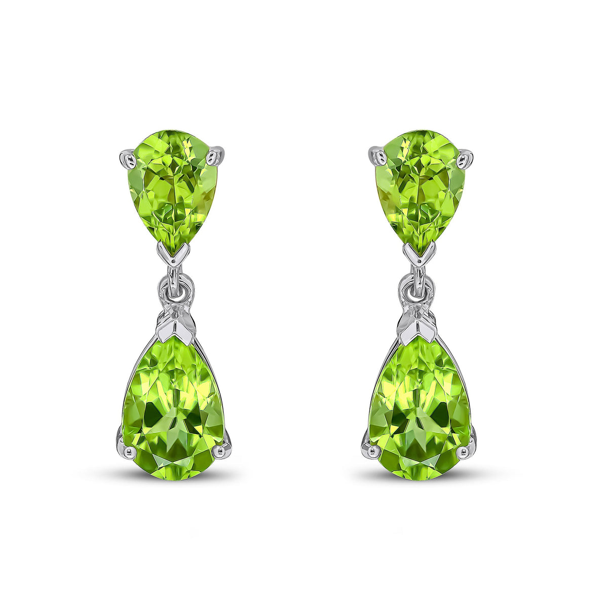9ct White Gold Pear Shaped Natural Peridot Two Stone Claw Drop Earrings — 9x6mm