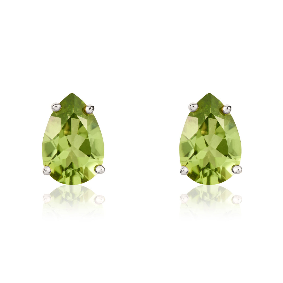 9ct White Gold Pear Shaped Natural Peridot Claw Stud Earrings — 9x6mm